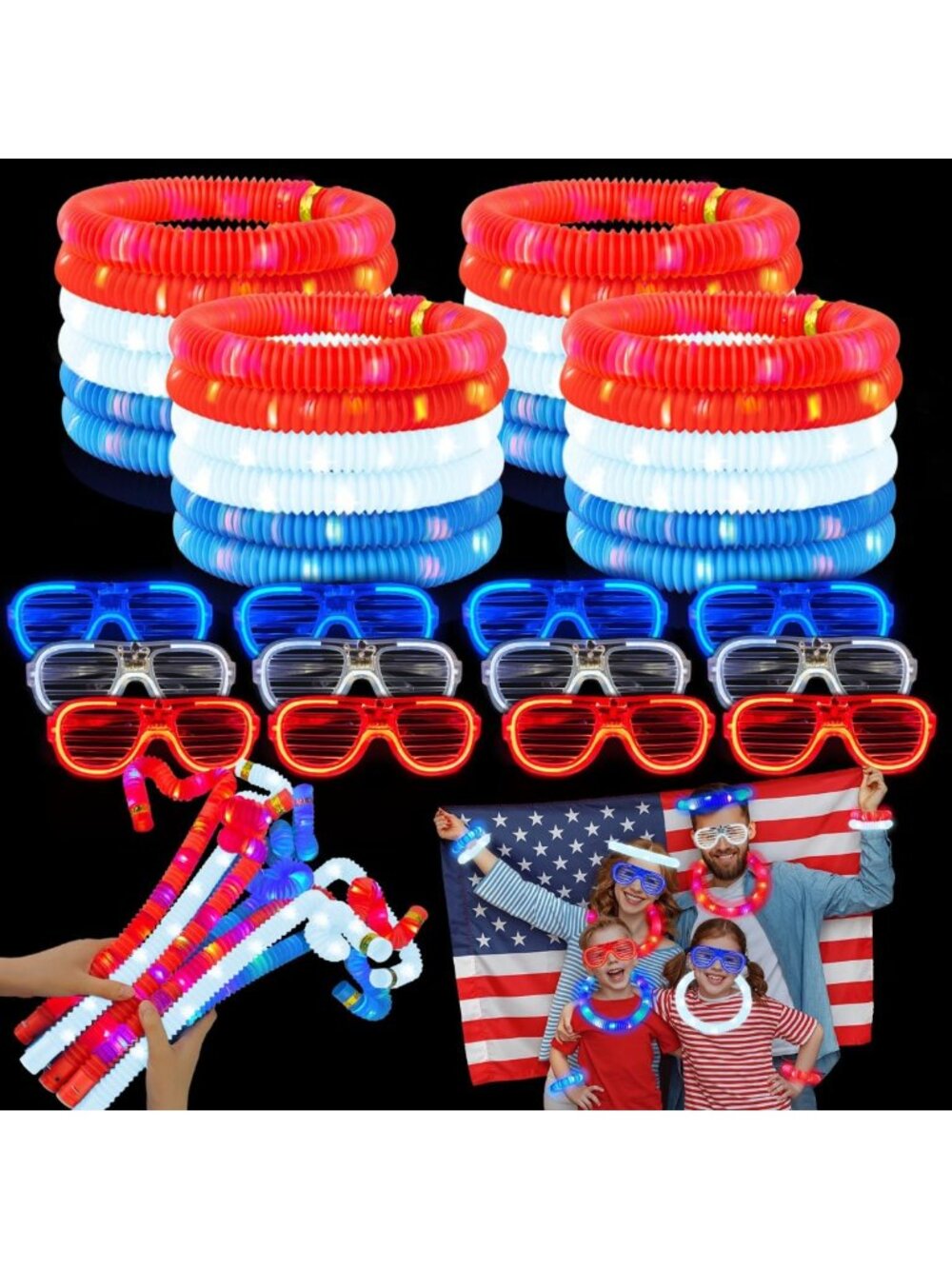 24 PCS Fourth of July Party Supplies - Glow Sticks, Glasses & Accessories for